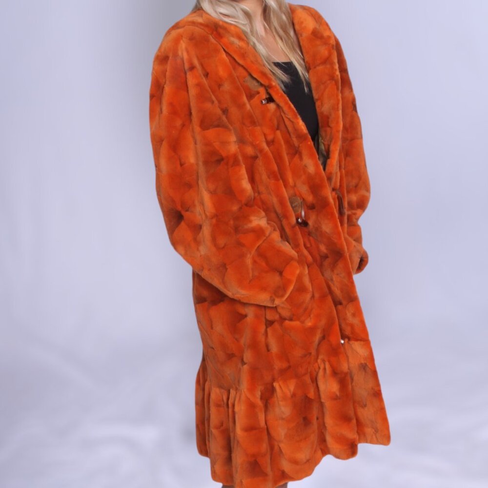 Vibrant Orange Sheared Mink Coat with Hood - Picture 6 of 7